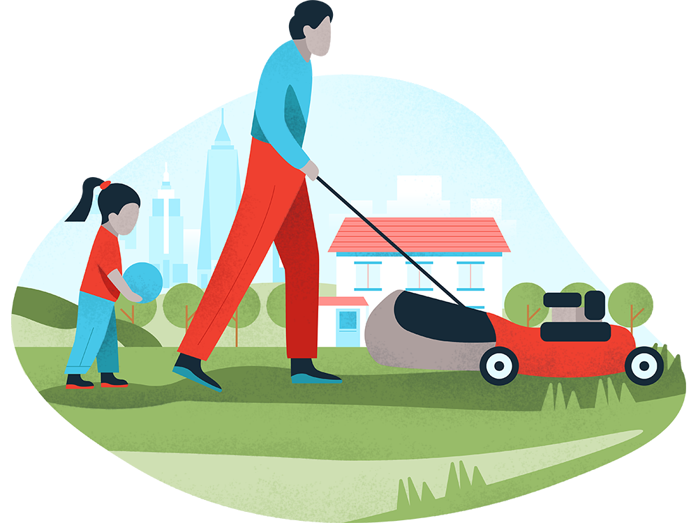 Illustration: Father and daughter mowing the lawn